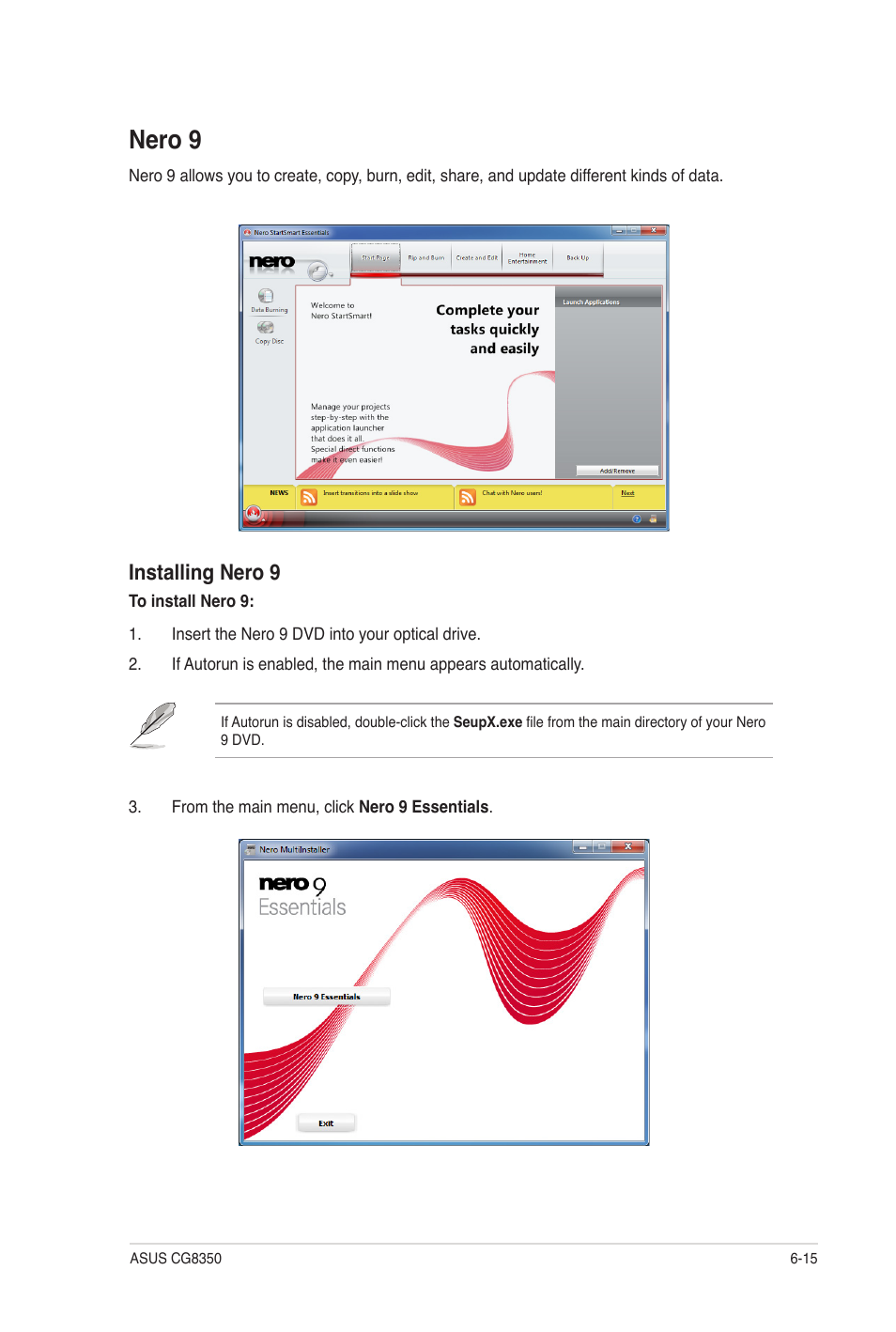 Nero 9, Nero 9 -15, Installing nero 9 | Asus CG8350 User Manual | Page 60 / 72