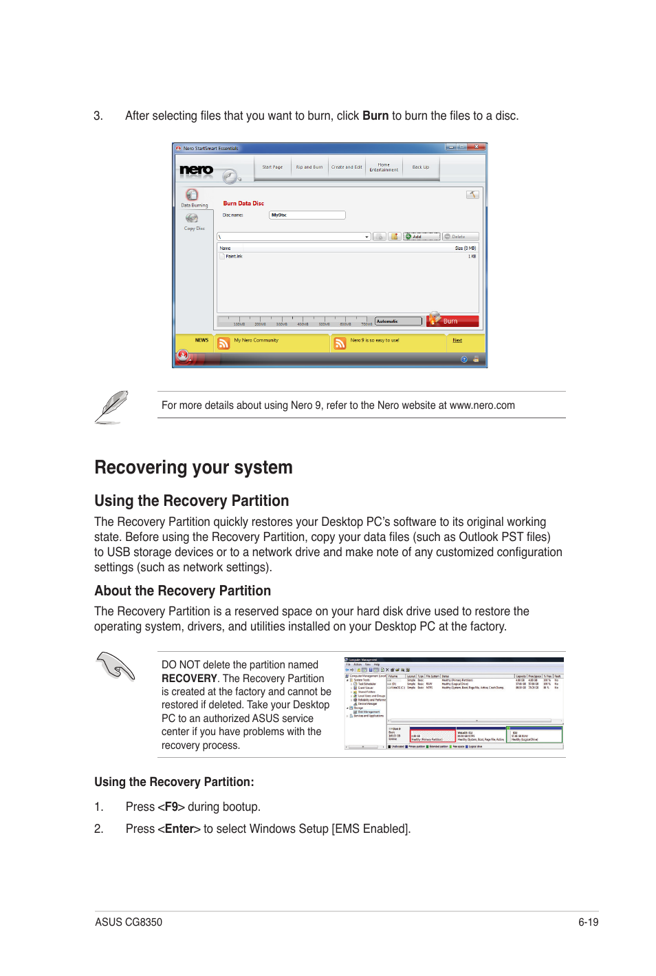 Recovering your system, Recovering your system -19, Using the recovery partition | Asus CG8350 User Manual | Page 64 / 72