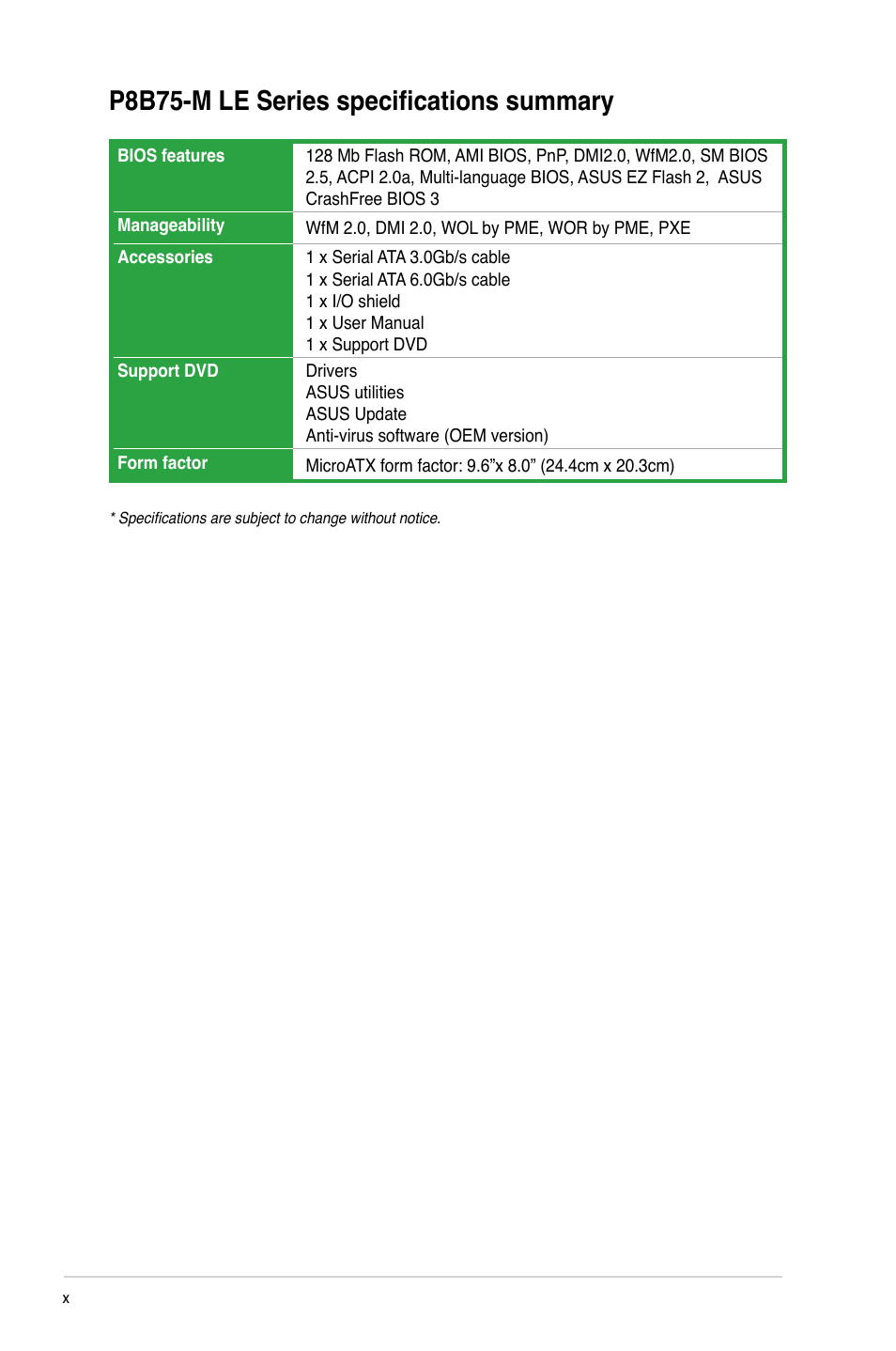 P8b75-m le series specifications summary | Asus P8B75-M LE PLUS User Manual | Page 10 / 79