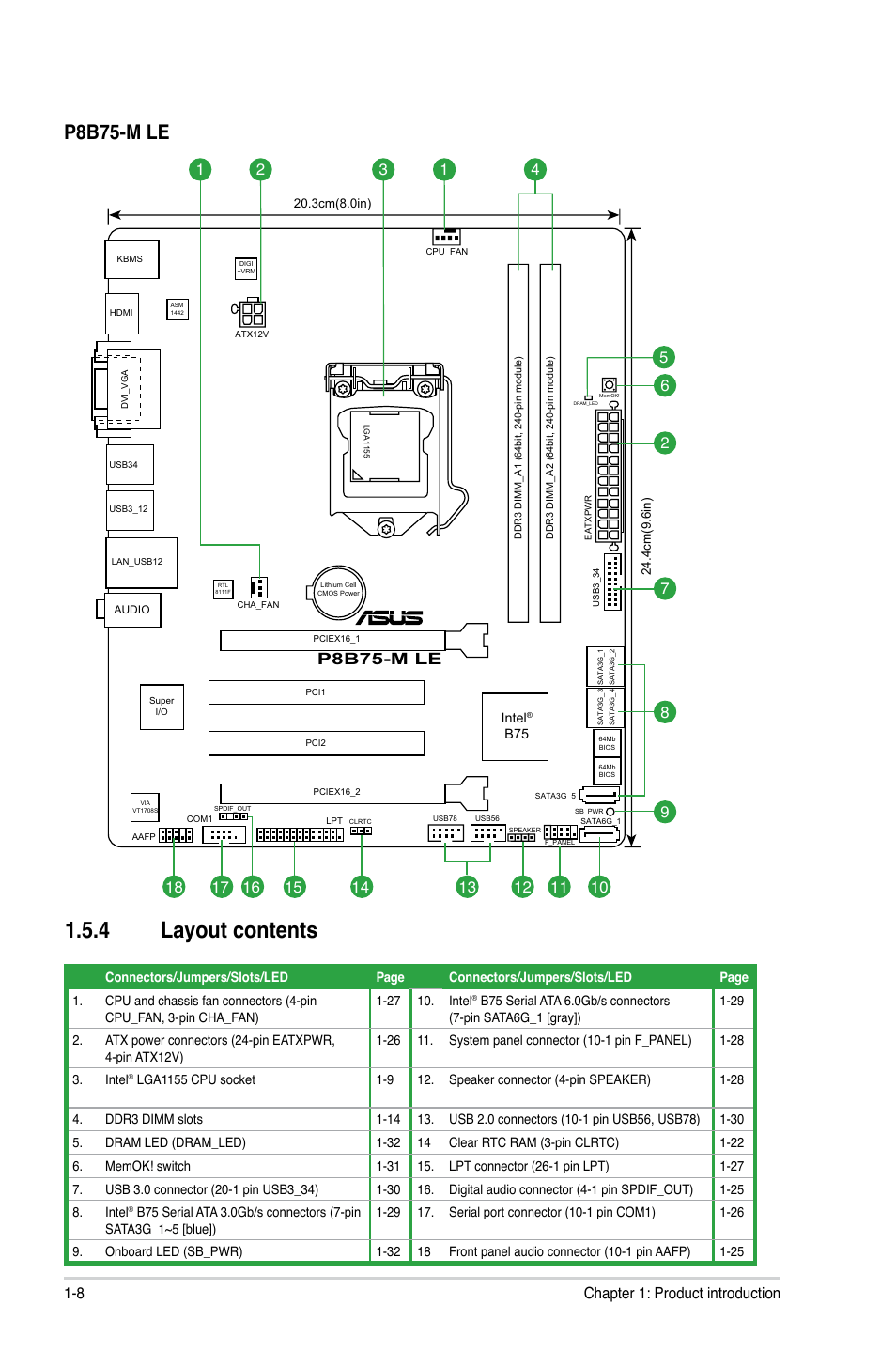 4 layout contents, Layout contents -8, P8b75-m le | 8 chapter 1: product introduction | Asus P8B75-M LE PLUS User Manual | Page 18 / 79