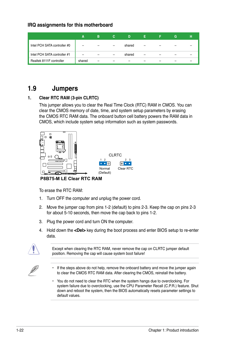 9 jumpers, Jumpers -22, Irq assignments for this motherboard | P8b75-m le clear rtc ram | Asus P8B75-M LE PLUS User Manual | Page 32 / 79