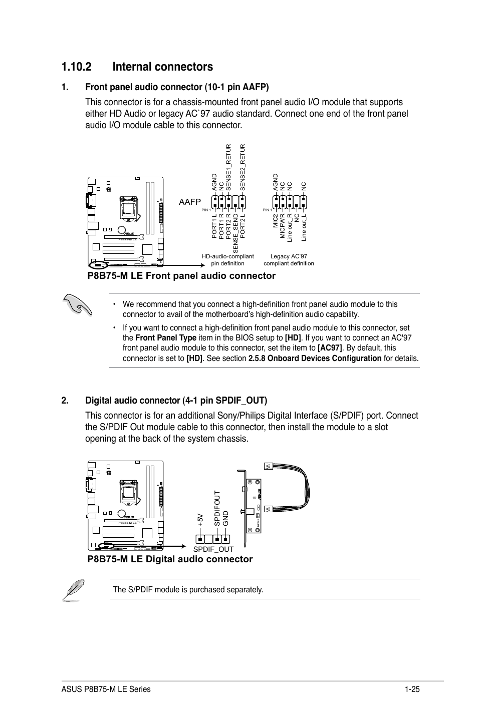 2 internal connectors, 2 internal connectors -25, P8b75-m le front panel audio connector | P8b75-m le digital audio connector | Asus P8B75-M LE PLUS User Manual | Page 35 / 79