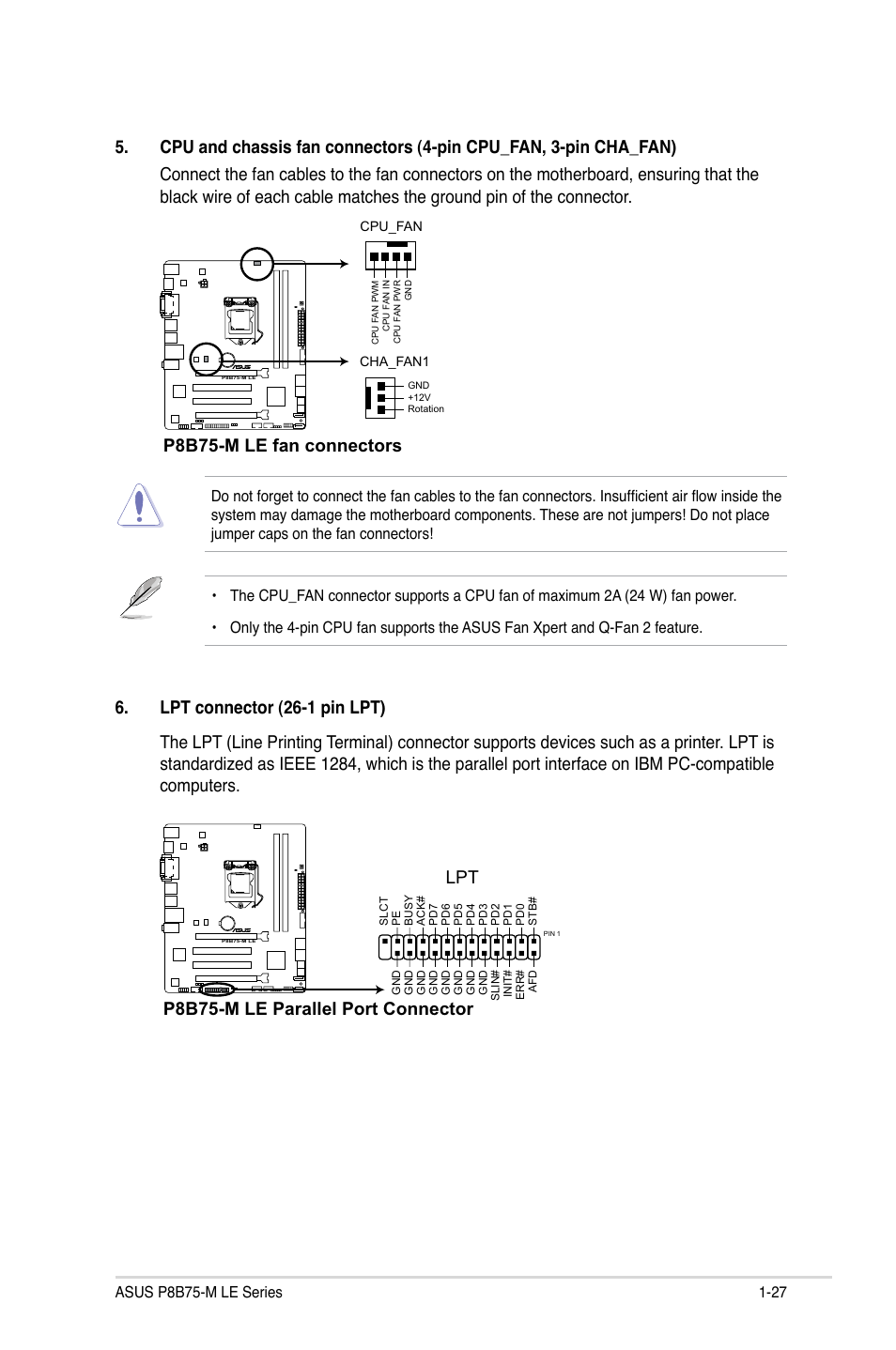 P8b75-m le fan connectors, P8b75-m le parallel port connector lpt | Asus P8B75-M LE PLUS User Manual | Page 37 / 79