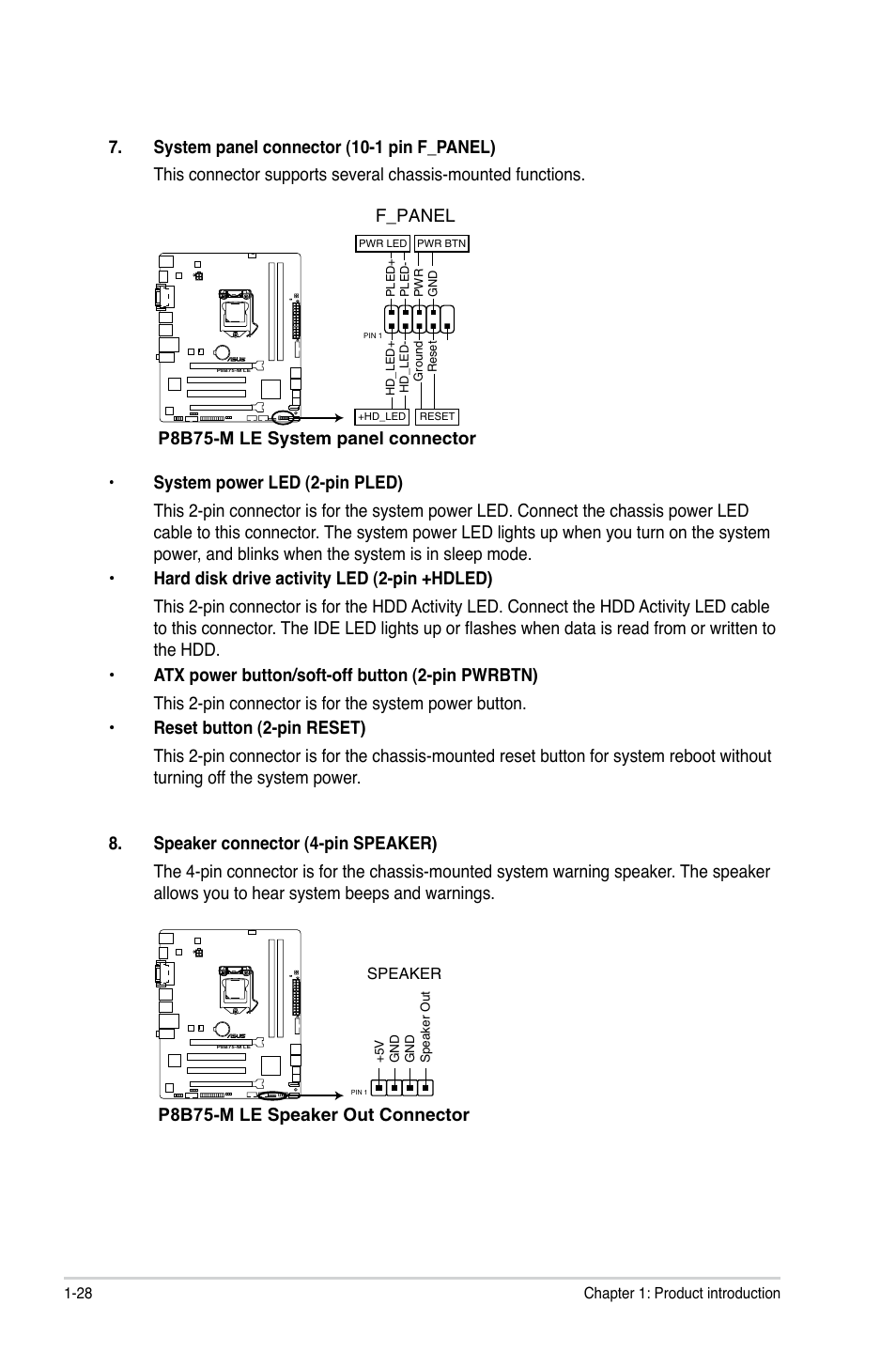 P8b75-m le system panel connector, F_panel, P8b75-m le speaker out connector | Asus P8B75-M LE PLUS User Manual | Page 38 / 79