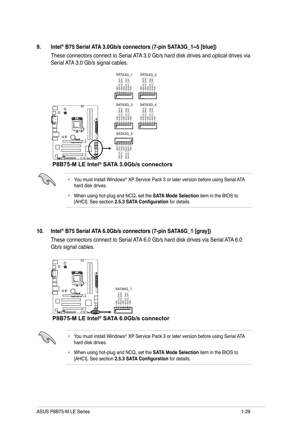 Intel, P8b75-m le intel, Sata 3.0gb/s connectors | Sata 6.0gb/s connector, You must install windows, Sata3g_5, Sata3g_3, Sata3g_4, Sata3g_1, Sata3g_2 | Asus P8B75-M LE PLUS User Manual | Page 39 / 79