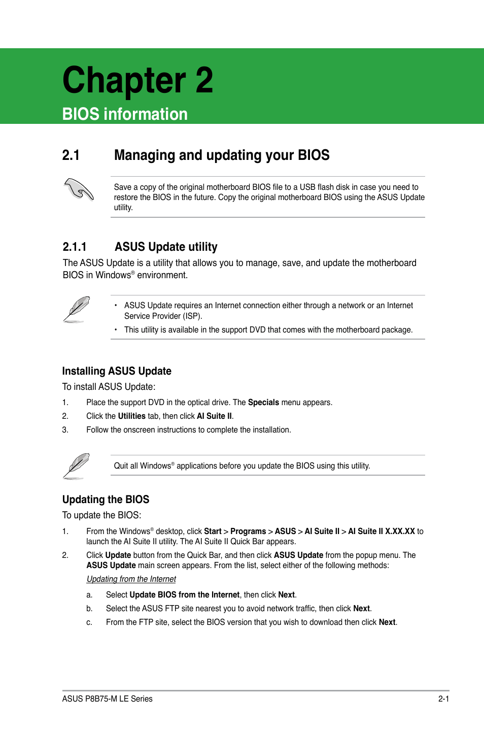 Chapter 2, Bios information, 1 managing and updating your bios | 1 asus update utility, Managing and updating your bios -1 2.1.1, Asus update utility -1 | Asus P8B75-M LE PLUS User Manual | Page 46 / 79