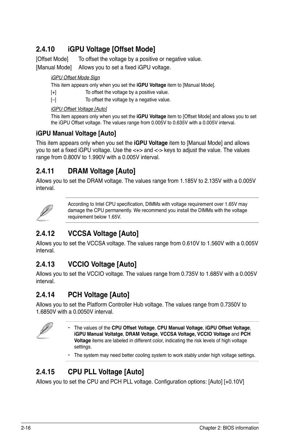 10 igpu voltage [offset mode, 11 dram voltage [auto, 12 vccsa voltage [auto | 13 vccio voltage [auto, 14 pch voltage [auto, 15 cpu pll voltage [auto | Asus P8B75-M LE PLUS User Manual | Page 61 / 79