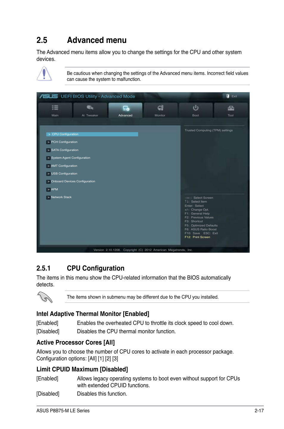 5 advanced menu, 1 cpu configuration, Advanced menu -17 2.5.1 | Cpu configuration -17, Intel adaptive thermal monitor [enabled, Active processor cores [all, Limit cpuid maximum [disabled | Asus P8B75-M LE PLUS User Manual | Page 62 / 79