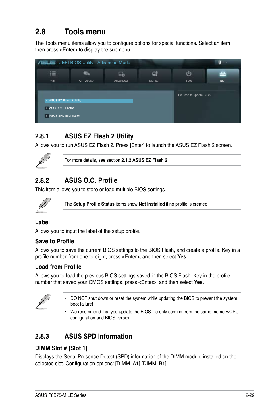8 tools menu, 1 asus ez flash 2 utility, 2 asus o.c. profile | 3 asus spd information, Tools menu -29 2.8.1, Asus ez flash 2 utility -29, Asus o.c. profile -29, Asus spd information -29, Label, Save to profile | Asus P8B75-M LE PLUS User Manual | Page 74 / 79