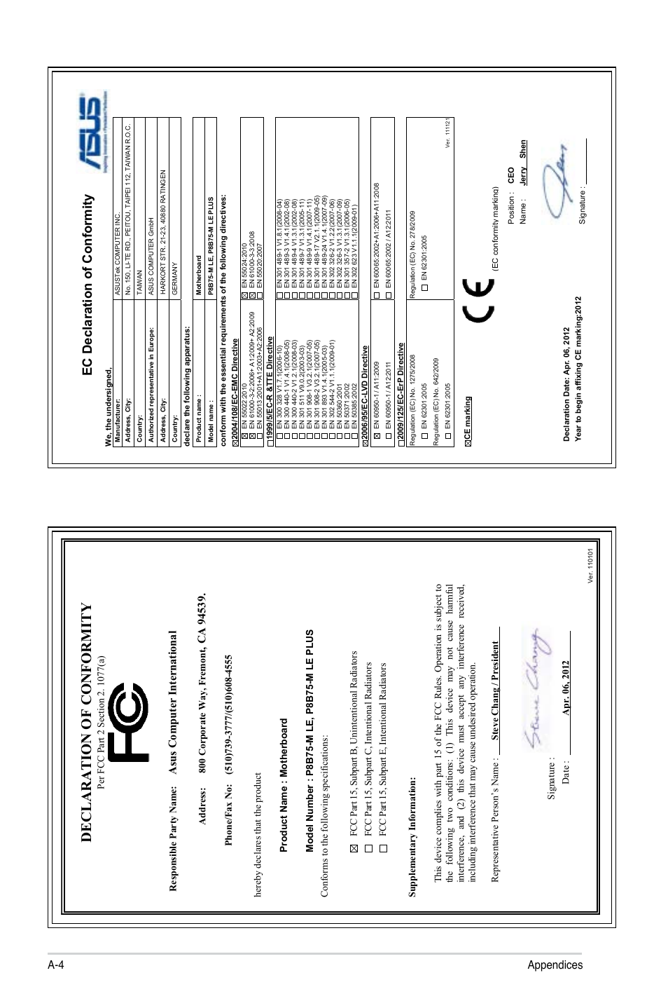 Declaration of conformity, Ec declaration of conformity, A-4 appendices | Asu s c om pu te r in te rn at io na l | Asus P8B75-M LE PLUS User Manual | Page 79 / 79