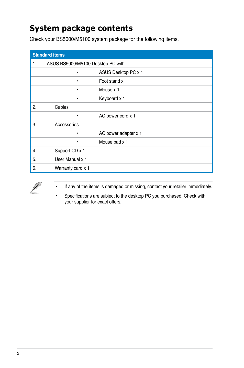 System package contents | Asus BS5000 User Manual | Page 10 / 36