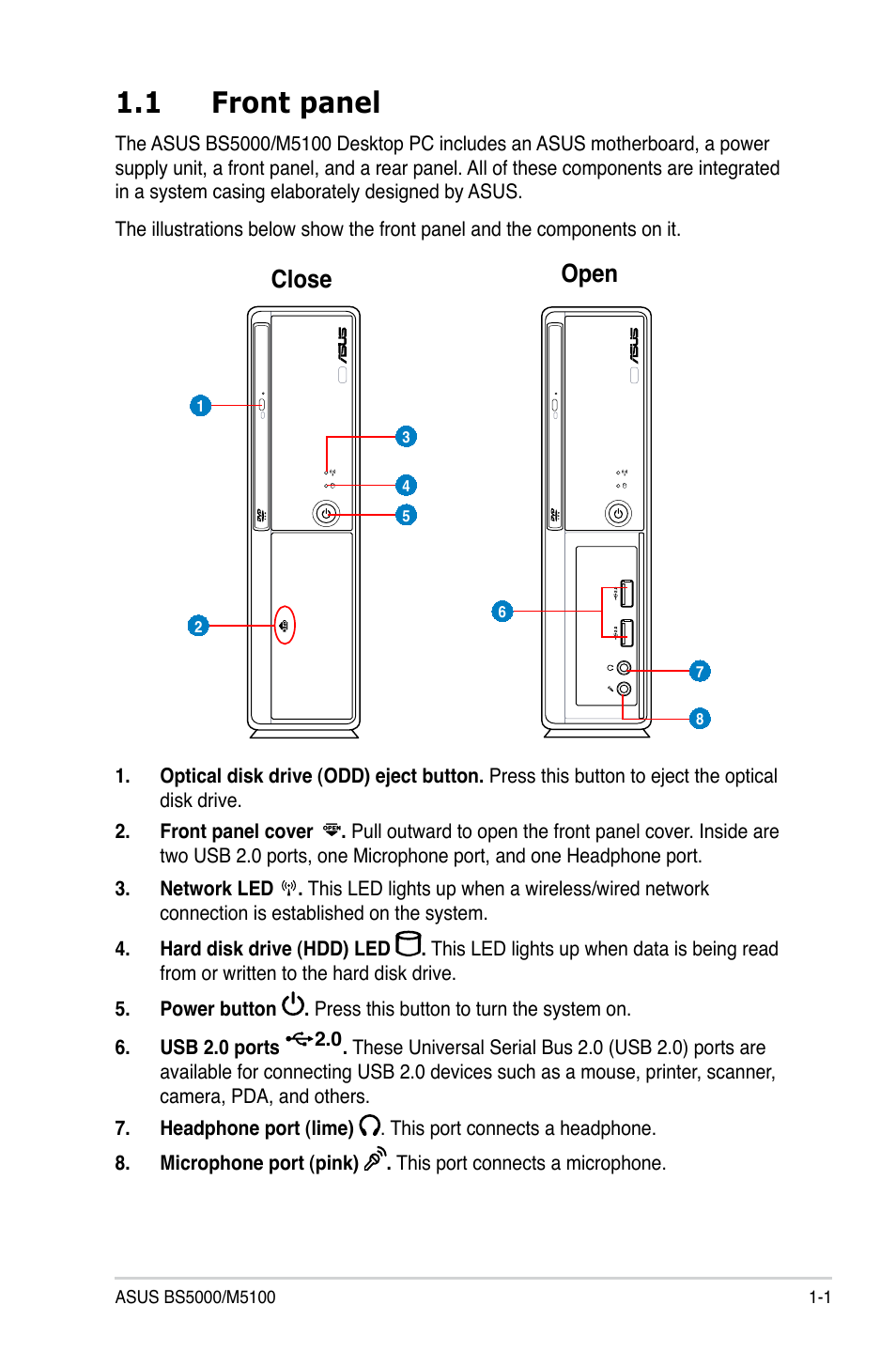 1 front panel, Front panel -1, Close open | Asus BS5000 User Manual | Page 13 / 36