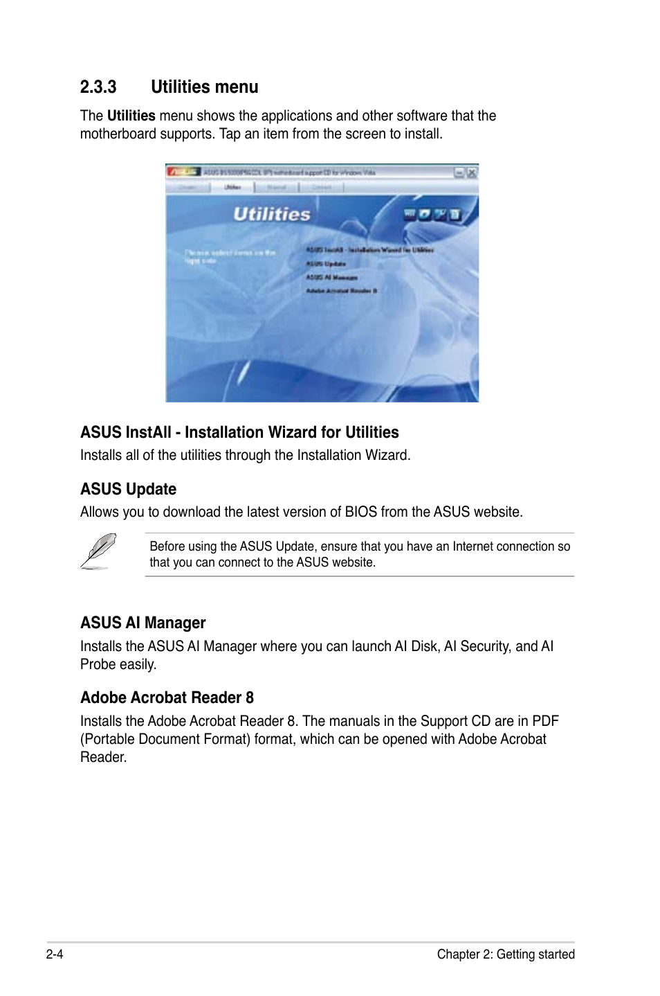 3 utilities menu, Utilities menu -4 | Asus BS5000 User Manual | Page 24 / 36