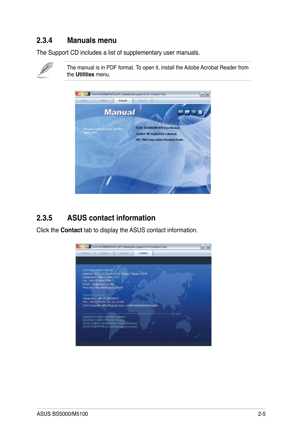 4 manuals menu, 5 asus contact information, Manuals menu -5 | Asus contact information -5 | Asus BS5000 User Manual | Page 25 / 36