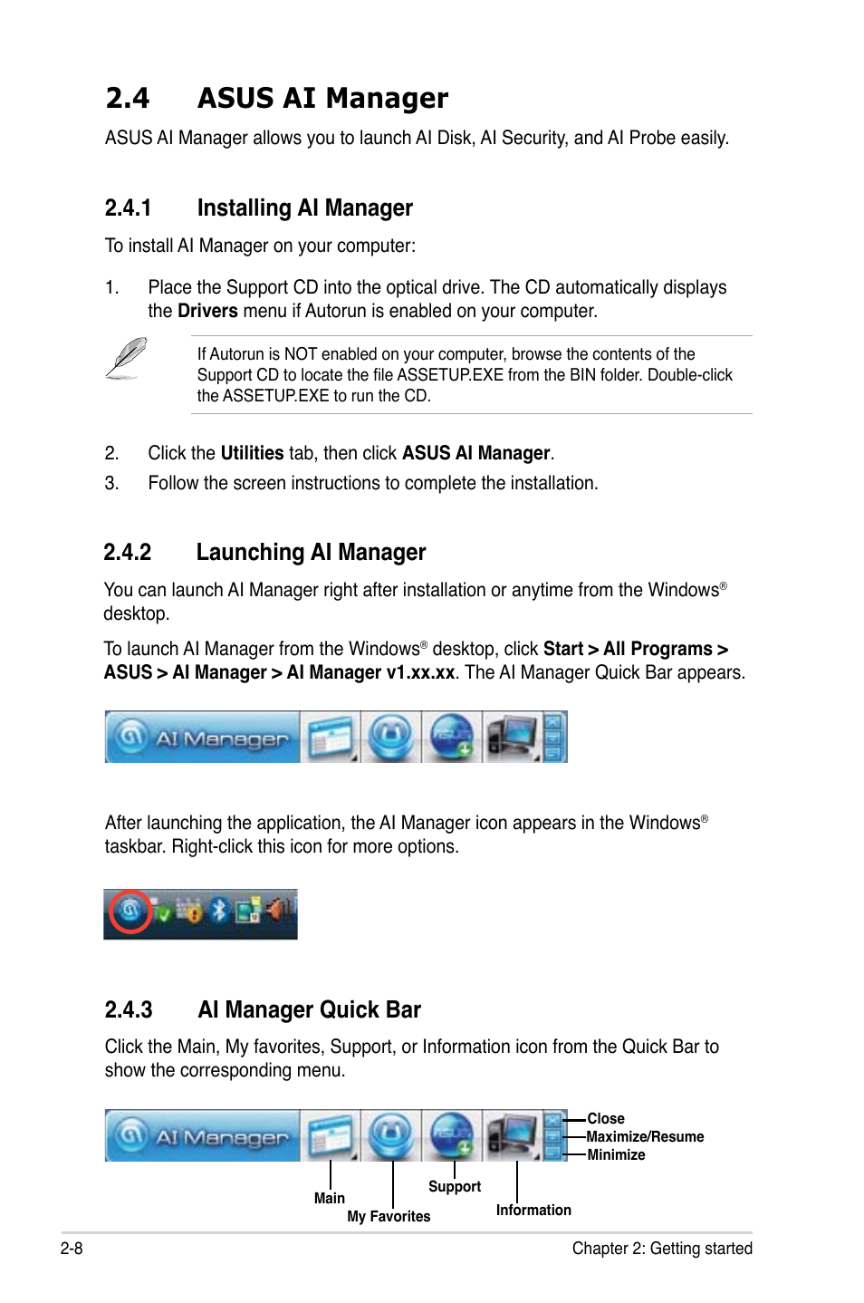 4 asus ai manager, 1 installing ai manager, 2 launching ai manager | 3 ai manager quick bar, Asus ai manager -8 2.4.1, Installing ai manager -8, Launching ai manager -8, Ai manager quick bar -8 | Asus BS5000 User Manual | Page 28 / 36