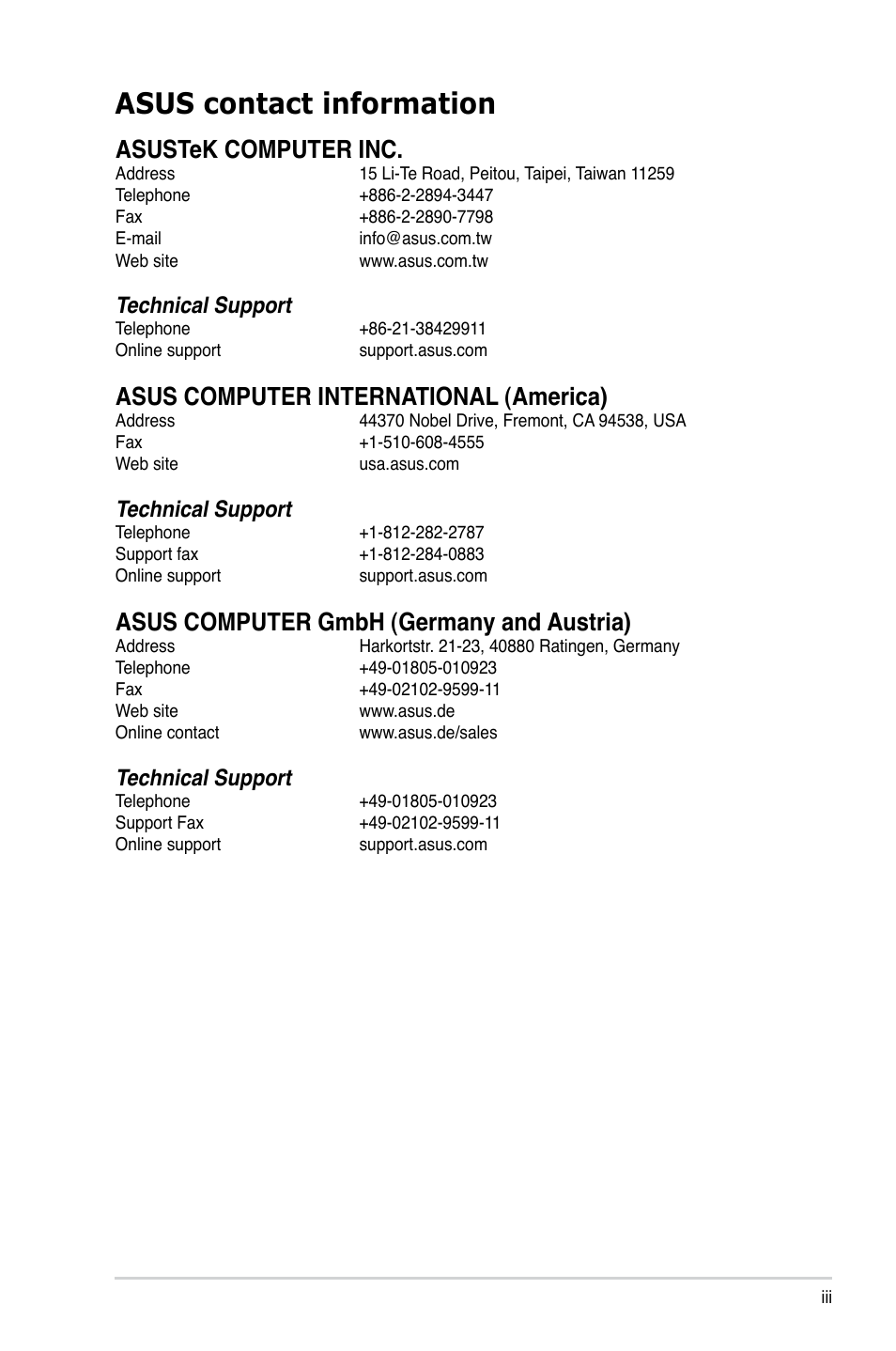 Asus contact information, Asustek computer inc, Asus computer international (america) | Asus computer gmbh (germany and austria), Technical support | Asus BS5000 User Manual | Page 3 / 36