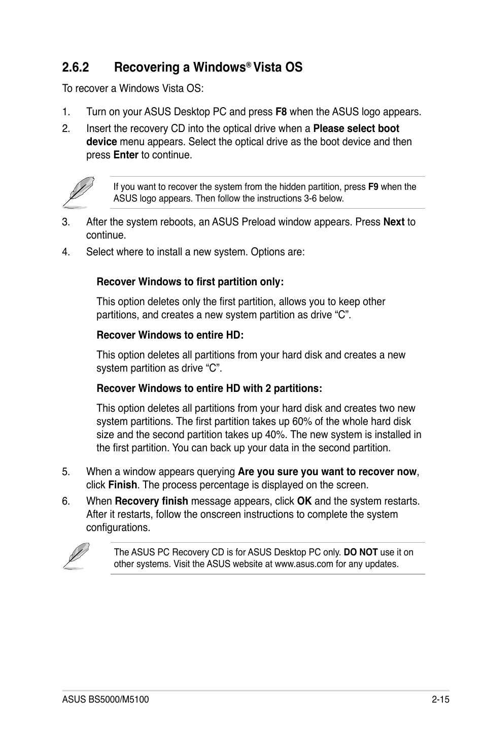 2 recovering a windows® vista os, Recovering a windows, Vista os -15 | 2 recovering a windows, Vista os | Asus BS5000 User Manual | Page 35 / 36