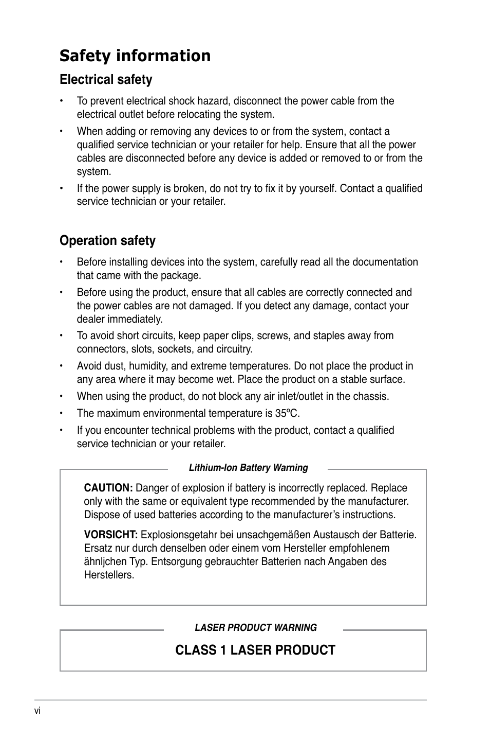 Safety information, Electrical safety, Class 1 laser product operation safety | Asus BS5000 User Manual | Page 6 / 36