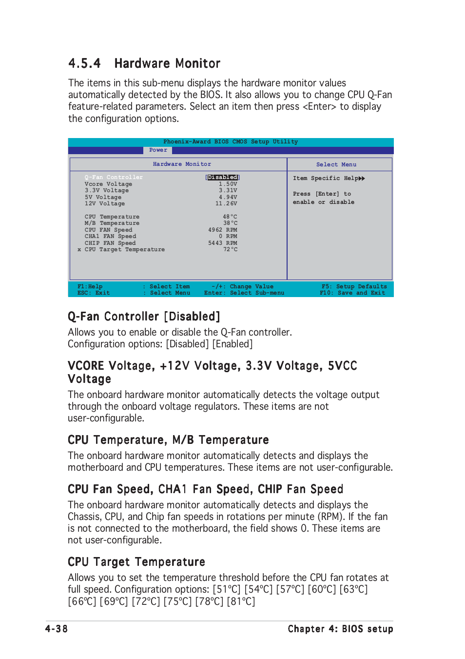Q-fan controller [disabled, Cpu temperature, m/b temperature, Cpu fan speed, cha1 fan speed, chip fan speed | Cpu target temperature | Asus A8N-SLI User Manual | Page 100 / 162