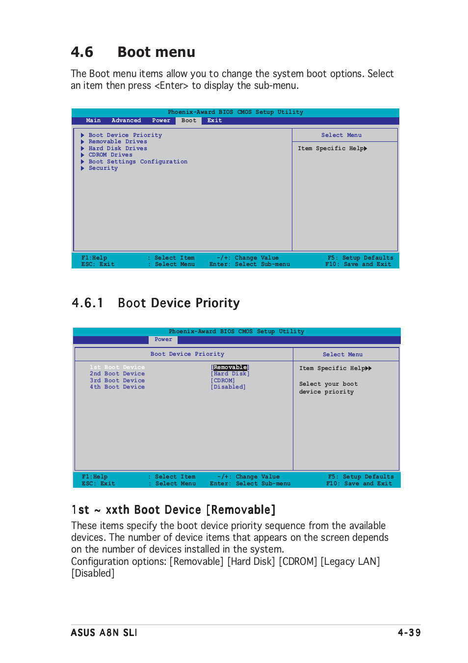 6 boot menu, 1st ~ xxth boot device [removable | Asus A8N-SLI User Manual | Page 101 / 162