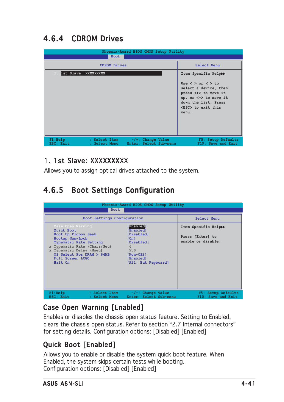 Case open warning [enabled, Quick boot [enabled | Asus A8N-SLI User Manual | Page 103 / 162