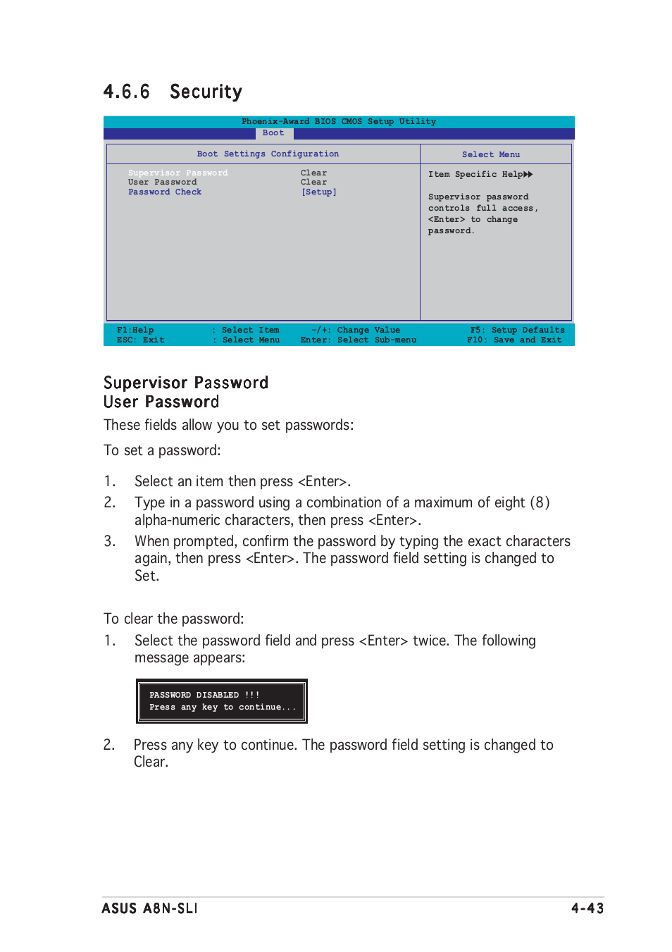 6 security security security security security, Supervisor password | Asus A8N-SLI User Manual | Page 105 / 162