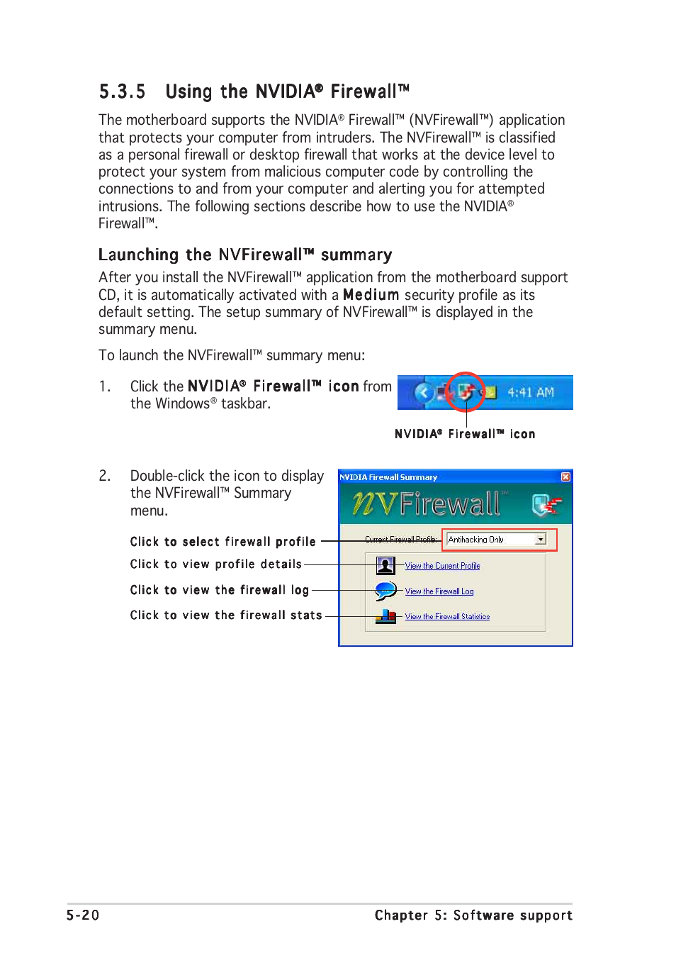 Firewall, Launching the nvfirewall™ summary | Asus A8N-SLI User Manual | Page 130 / 162