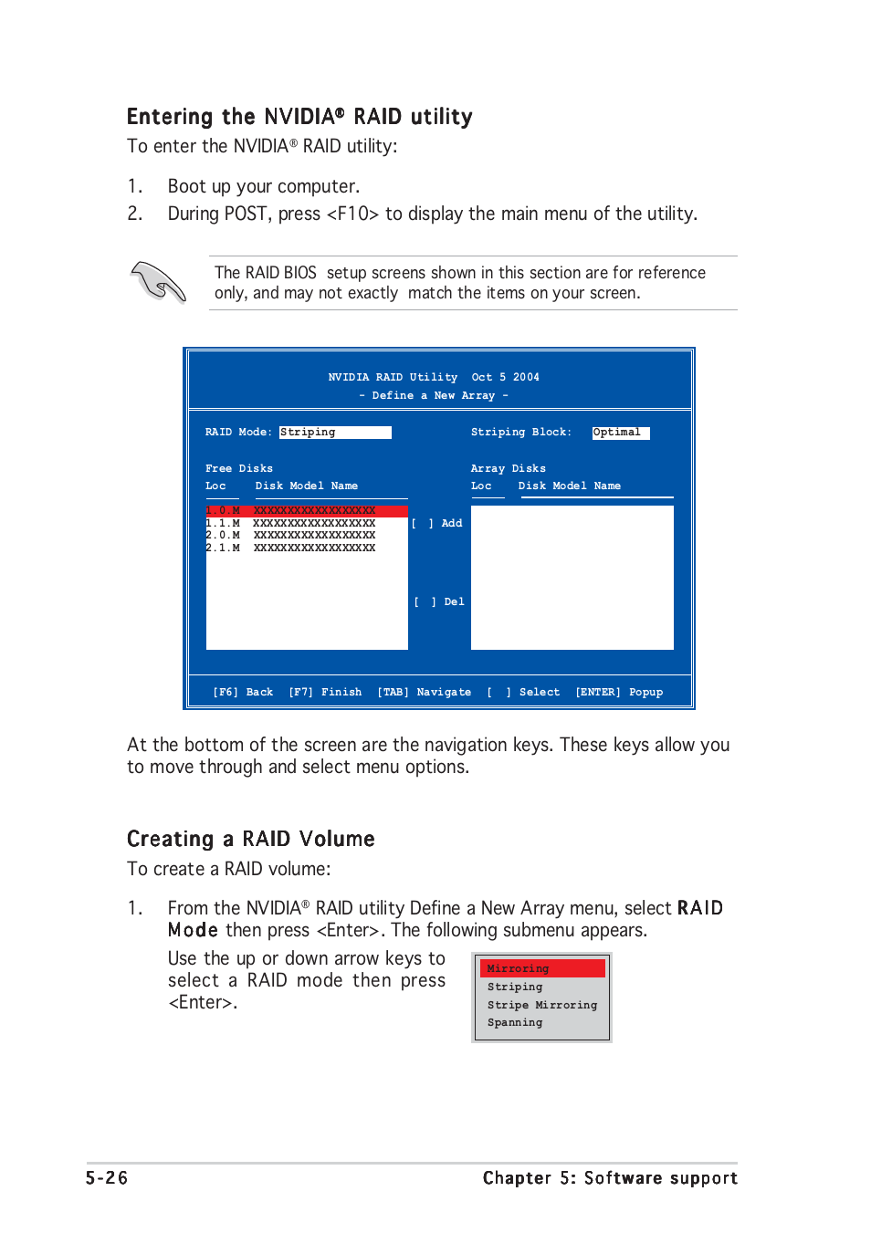 Entering the nvidia, Raid utility, Creating a raid volume | Asus A8N-SLI User Manual | Page 136 / 162