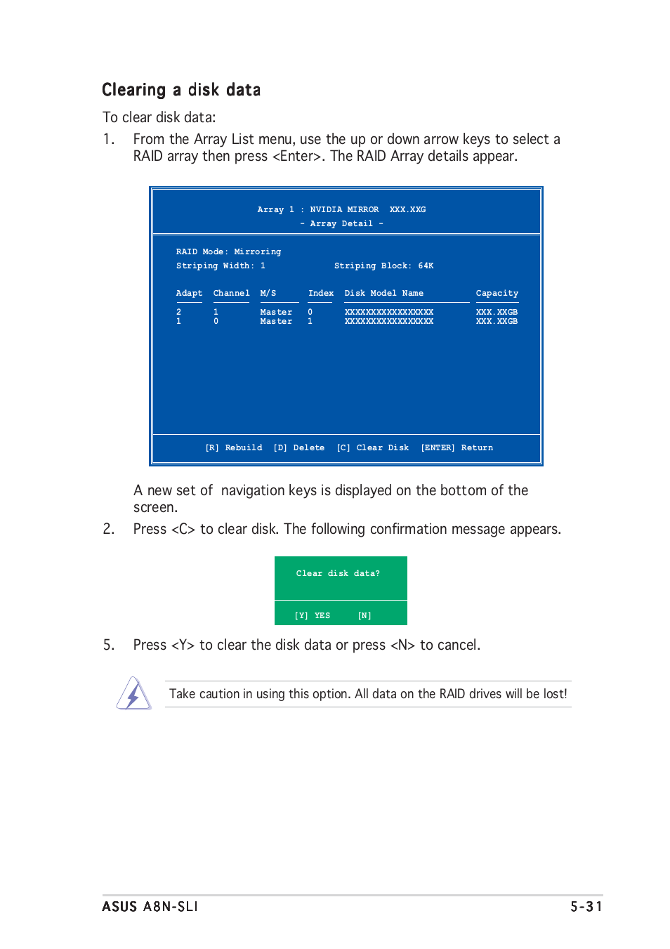 Clearing a disk data | Asus A8N-SLI User Manual | Page 141 / 162