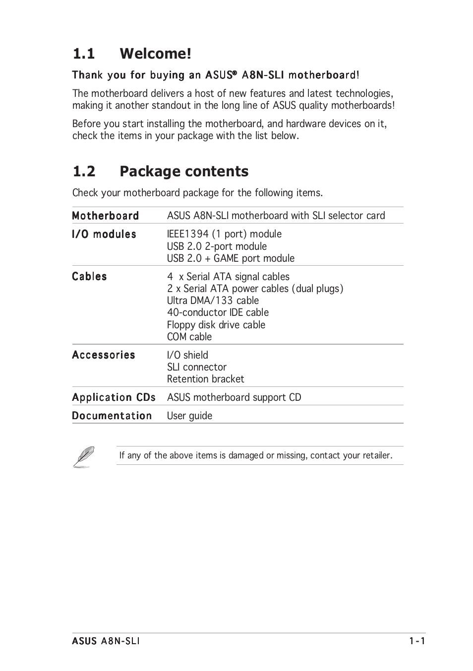 1 welcome, 2 package contents | Asus A8N-SLI User Manual | Page 17 / 162