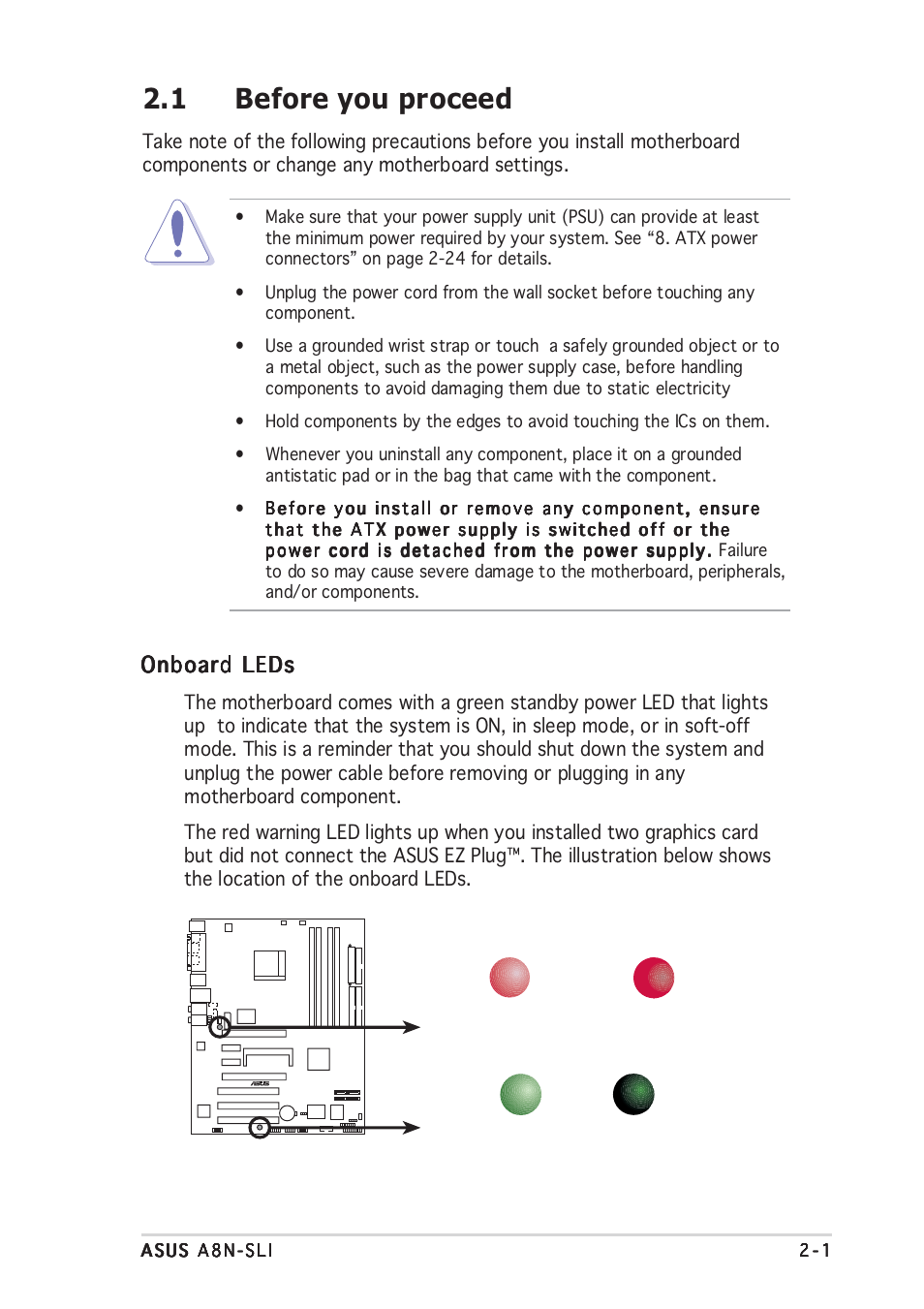 1 before you proceed, Onboard leds | Asus A8N-SLI User Manual | Page 27 / 162