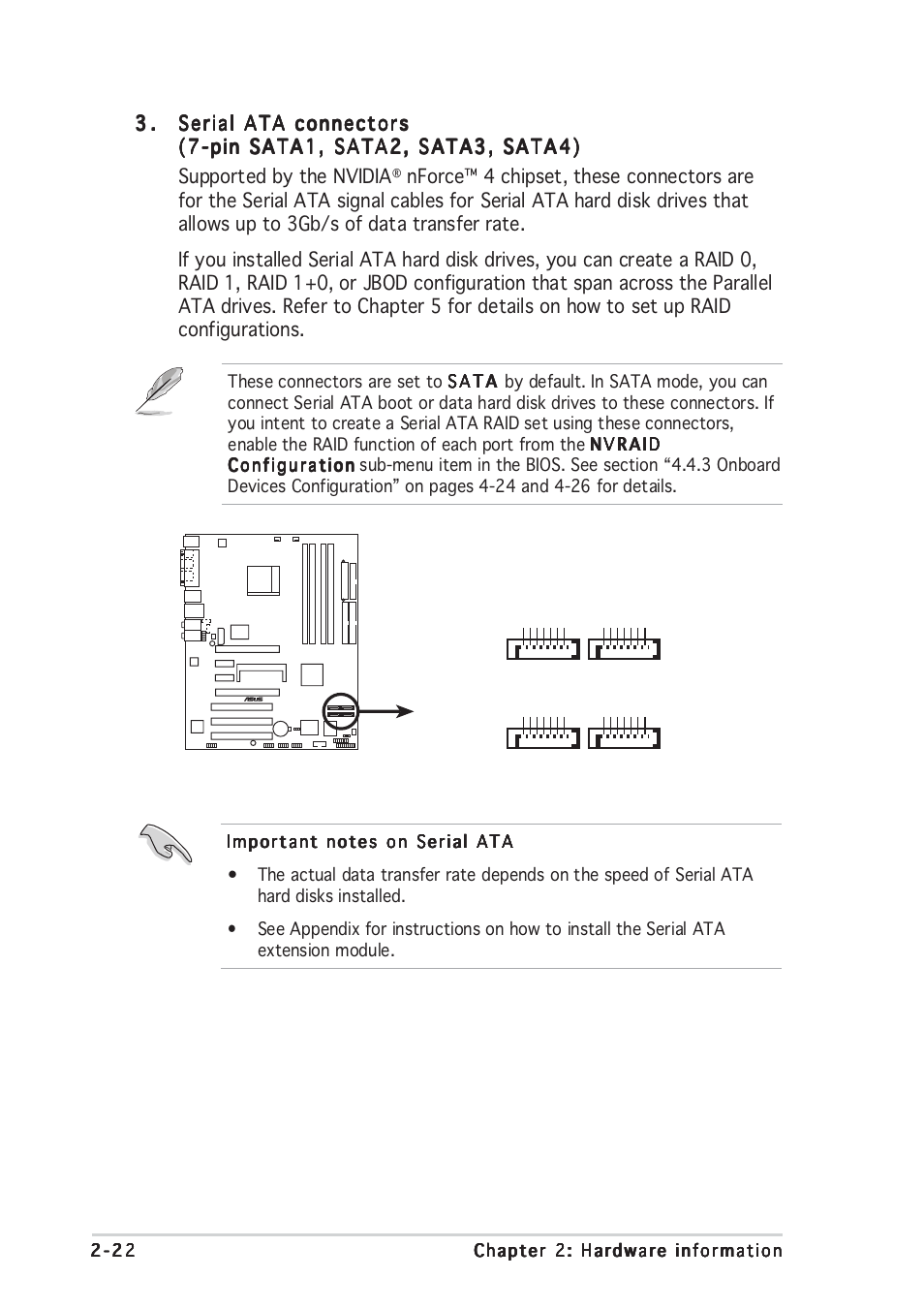 A8n-sli sata connectors sata1 sata2, Sata3 sata4 | Asus A8N-SLI User Manual | Page 48 / 162