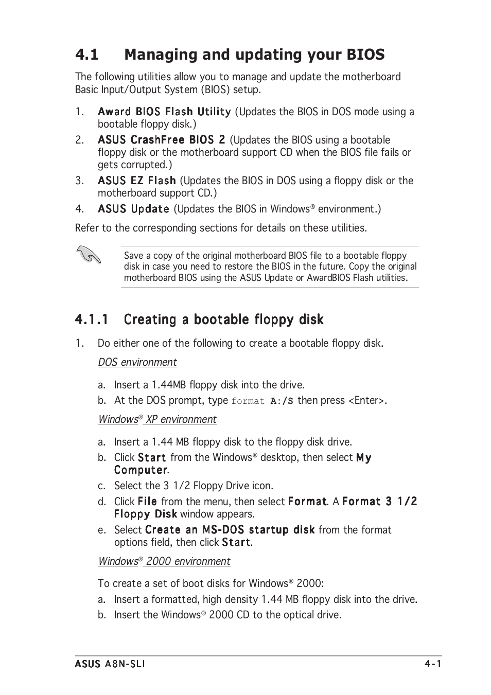 1 managing and updating your bios | Asus A8N-SLI User Manual | Page 63 / 162