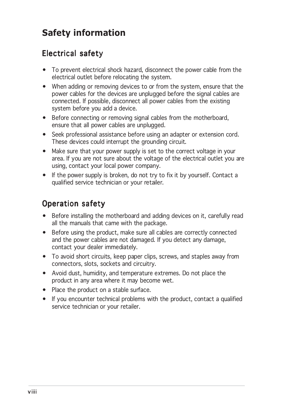 Safety information | Asus A8N-SLI User Manual | Page 8 / 162