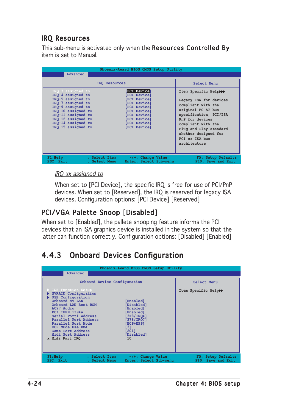 Irq resources, Pci/vga palette snoop [disabled | Asus A8N-SLI User Manual | Page 86 / 162