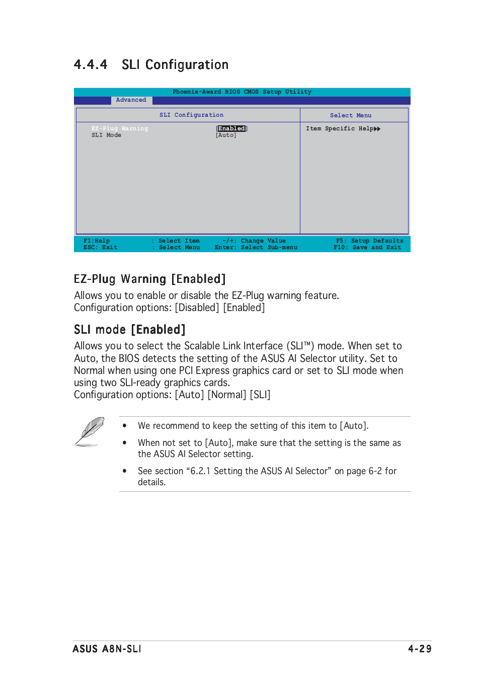 Ez-plug warning [enabled, Sli mode [enabled | Asus A8N-SLI User Manual | Page 91 / 162