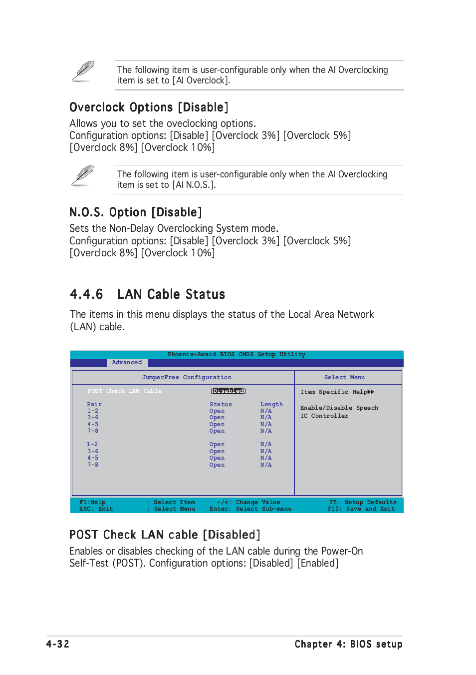 N.o.s. option [disable, Overclock options [disable, Post check lan cable [disabled | Asus A8N-SLI User Manual | Page 94 / 162