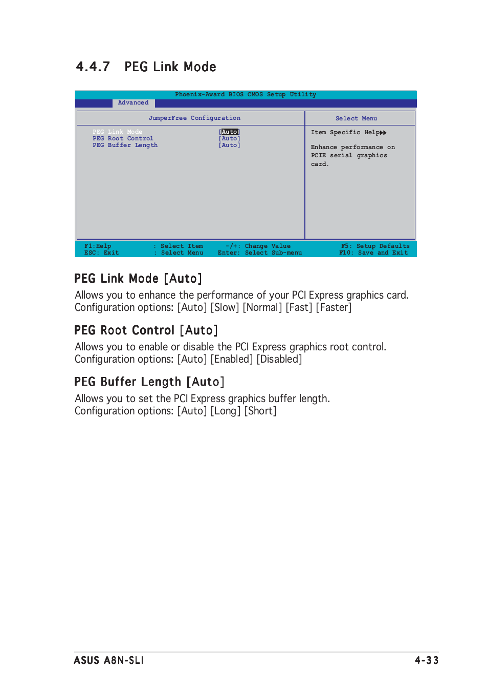 Peg link mode [auto, Peg root control [auto, Peg buffer length [auto | Asus A8N-SLI User Manual | Page 95 / 162