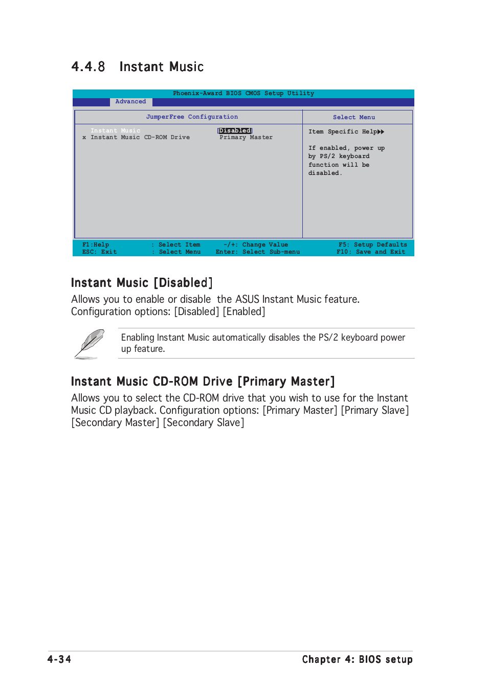 Instant music [disabled, Instant music cd-rom drive [primary master | Asus A8N-SLI User Manual | Page 96 / 162