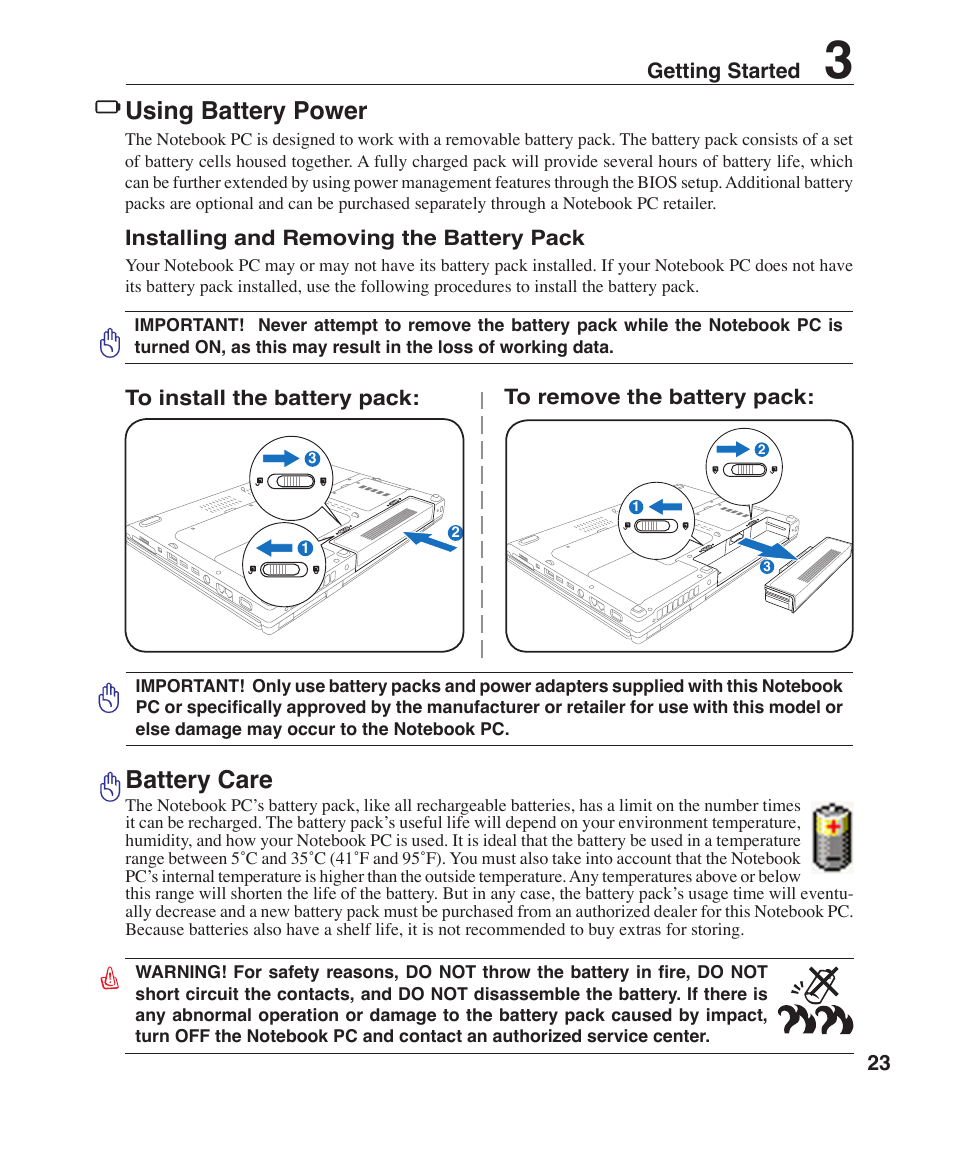 Using battery power, Battery care | Asus Z84F User Manual | Page 23 / 68