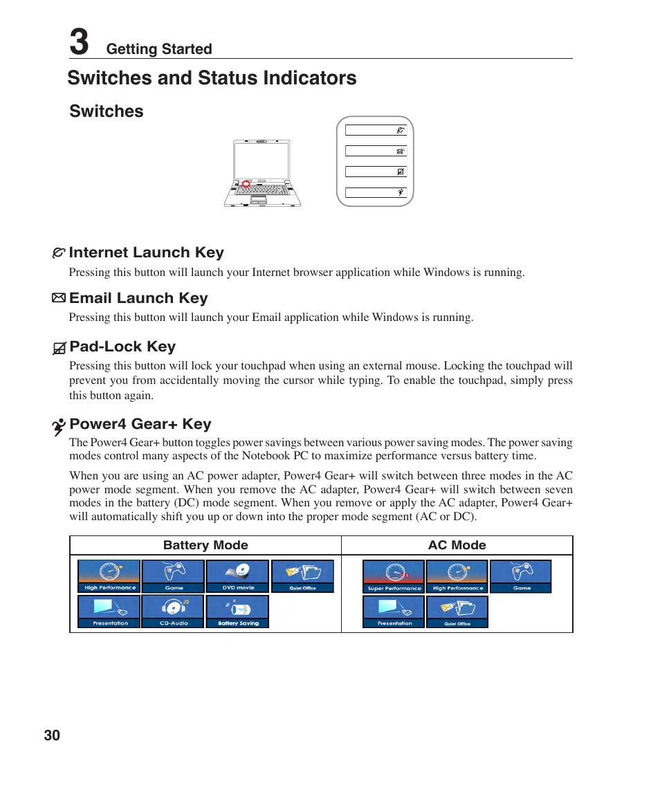 Switches and status indicators | Asus Z84F User Manual | Page 30 / 68