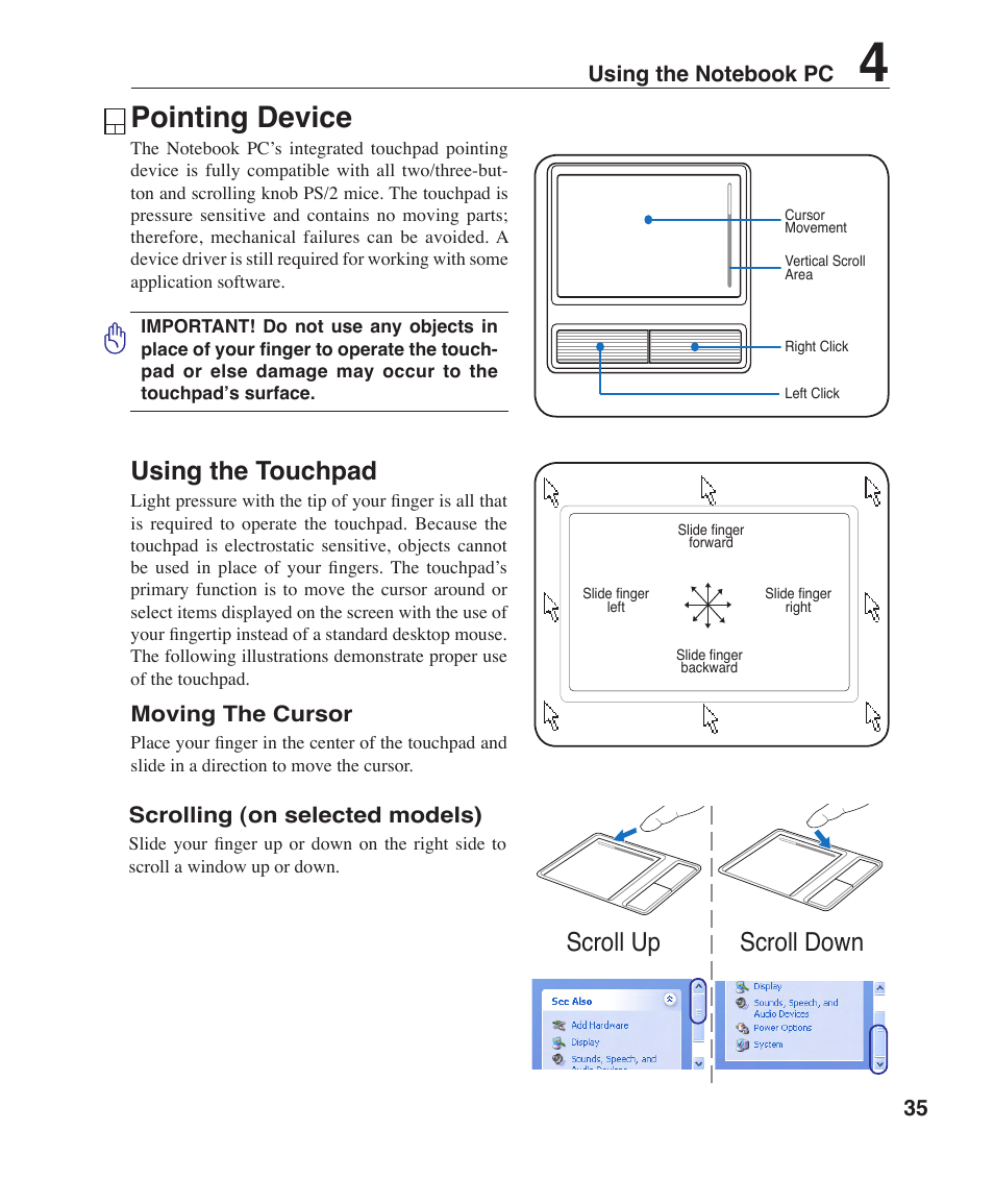 Pointing device, Using the touchpad, Scroll down scroll up | Asus Z84F User Manual | Page 35 / 68