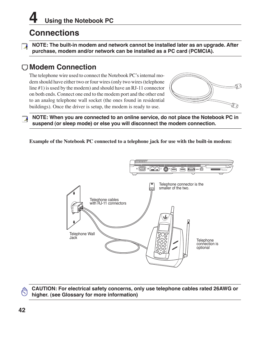 Connections, Modem connection | Asus Z84F User Manual | Page 42 / 68