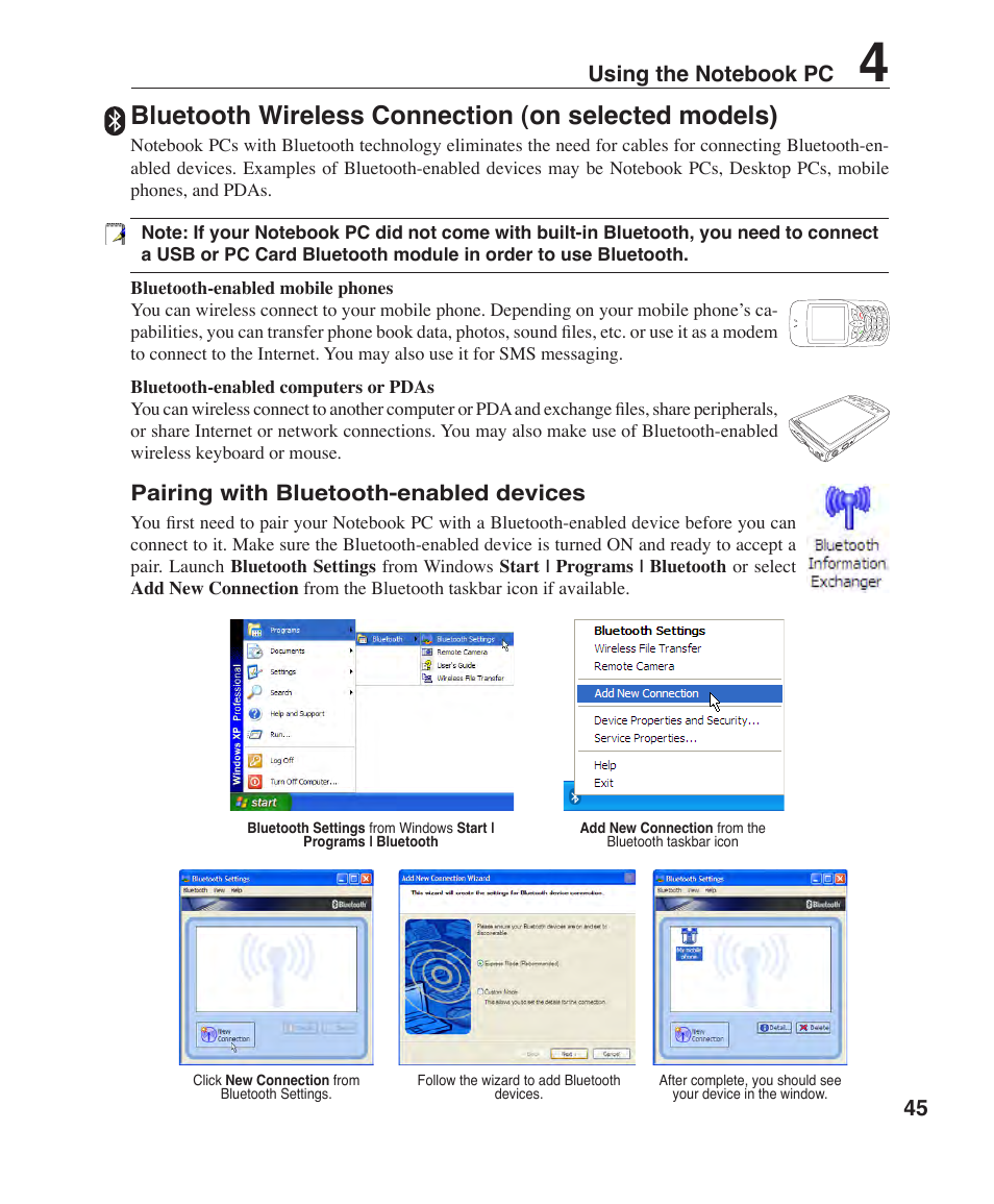 Bluetooth wireless connection (on selected models), Pairing with bluetooth-enabled devices | Asus Z84F User Manual | Page 45 / 68
