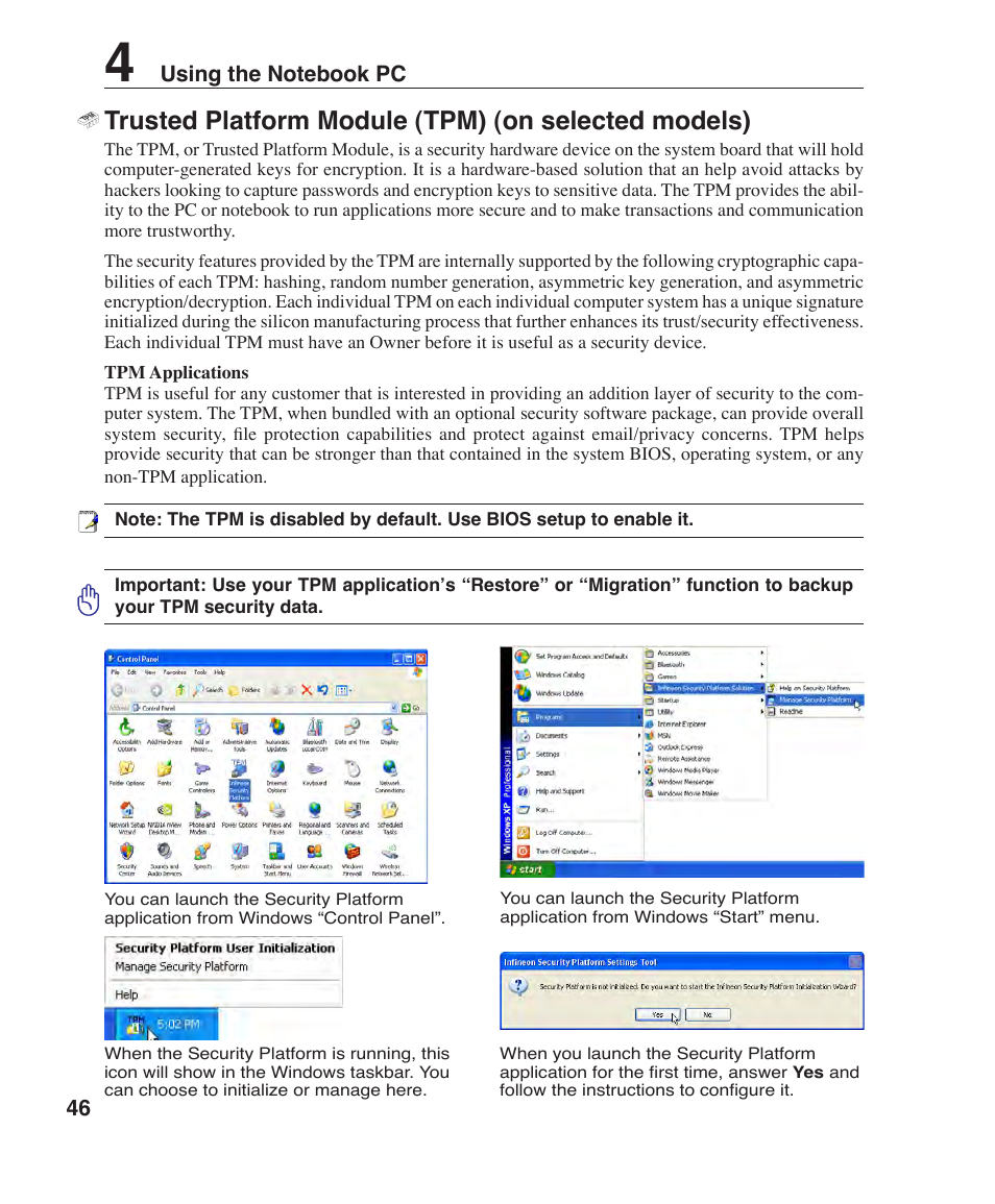 Trusted platform module (tpm) (on selected models) | Asus Z84F User Manual | Page 46 / 68