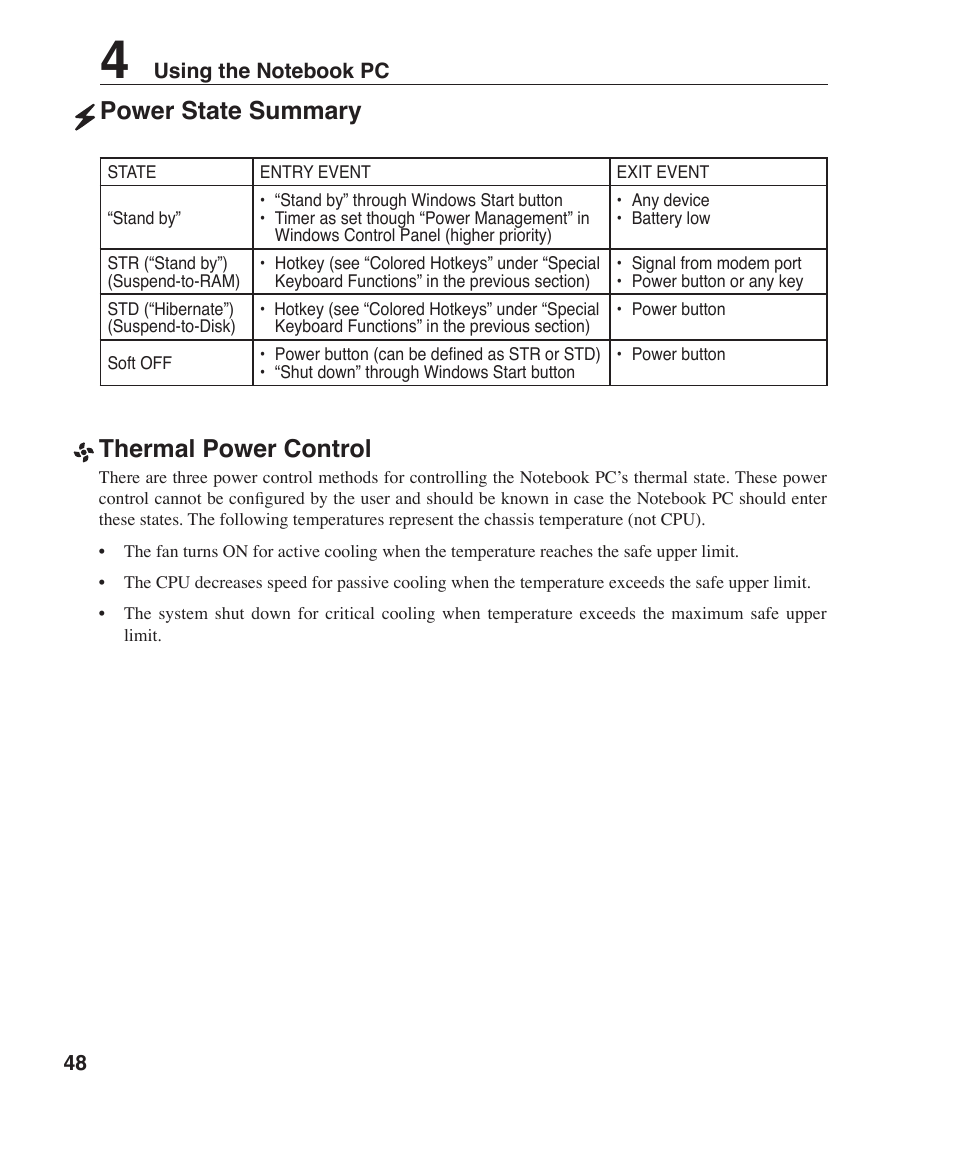 Thermal power control, Power state summary | Asus Z84F User Manual | Page 48 / 68