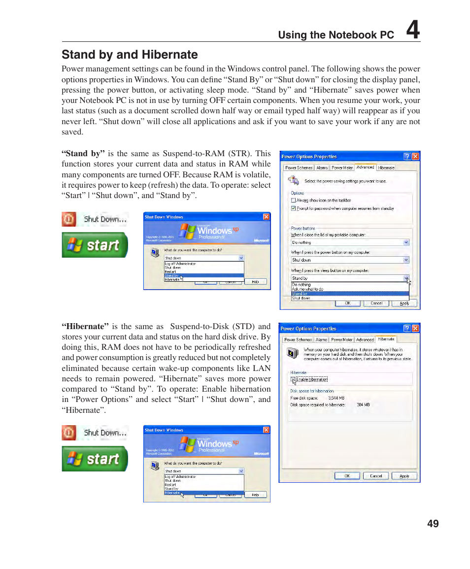 Stand by and hibernate | Asus Z84F User Manual | Page 49 / 68