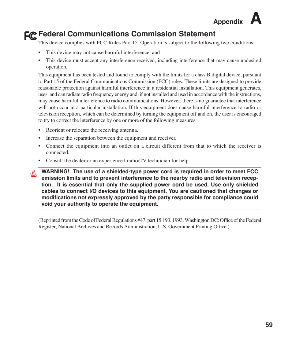 Federal communications commission statement | Asus Z84F User Manual | Page 59 / 68