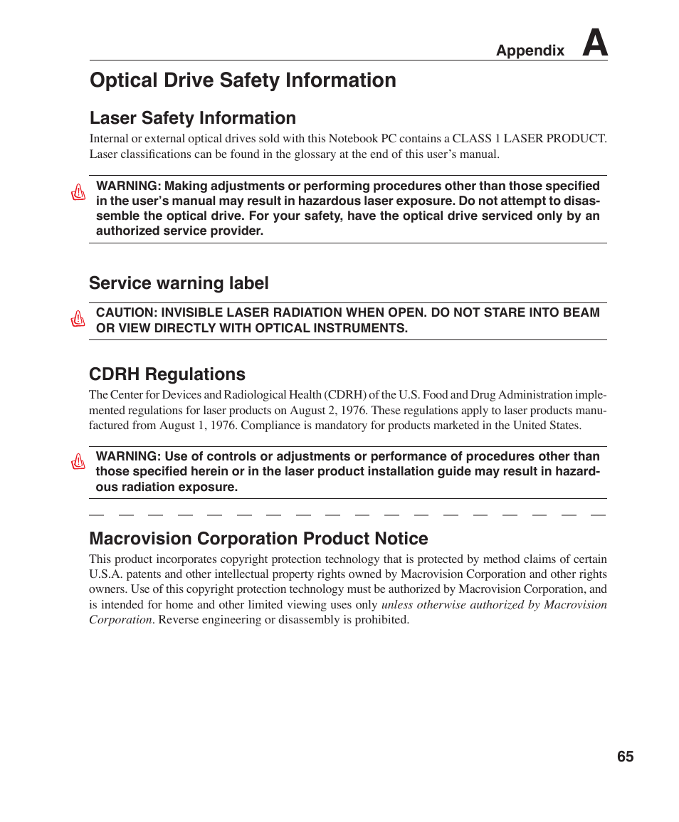 Optical drive safety information, Service warning label, Cdrh regulations | Macrovision corporation product notice, Laser safety information | Asus Z84F User Manual | Page 65 / 68