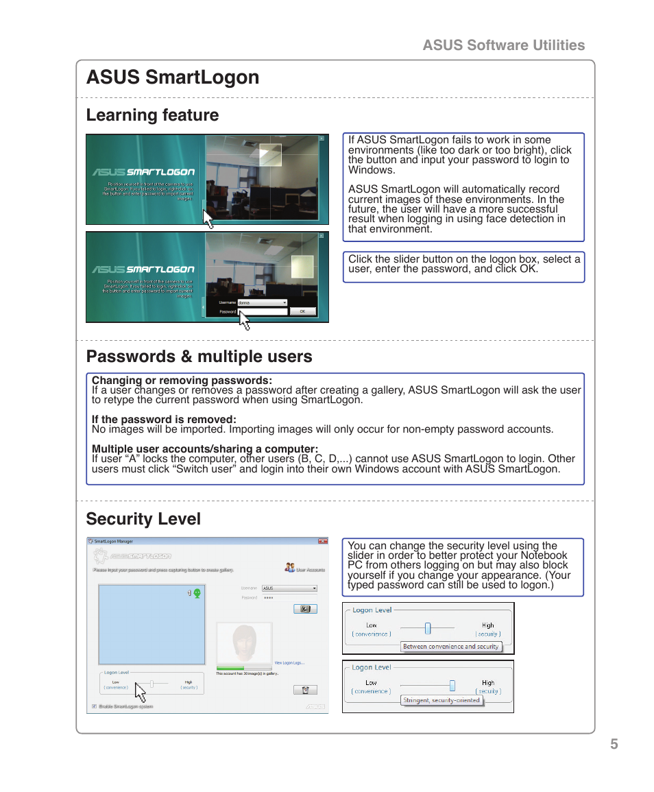 Asus smartlogon, Learning feature passwords & multiple users, Security level | Asus software utilities | Asus U6Sg User Manual | Page 5 / 6